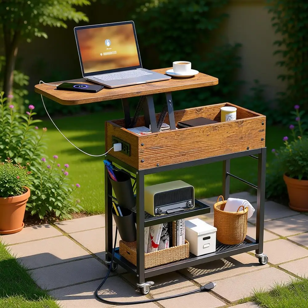 

Charging Station End Table with Wheels, USB & AC Outlet Side Table, Mobile Nightstand with Storage Bag, Rustic Wood Living Room/