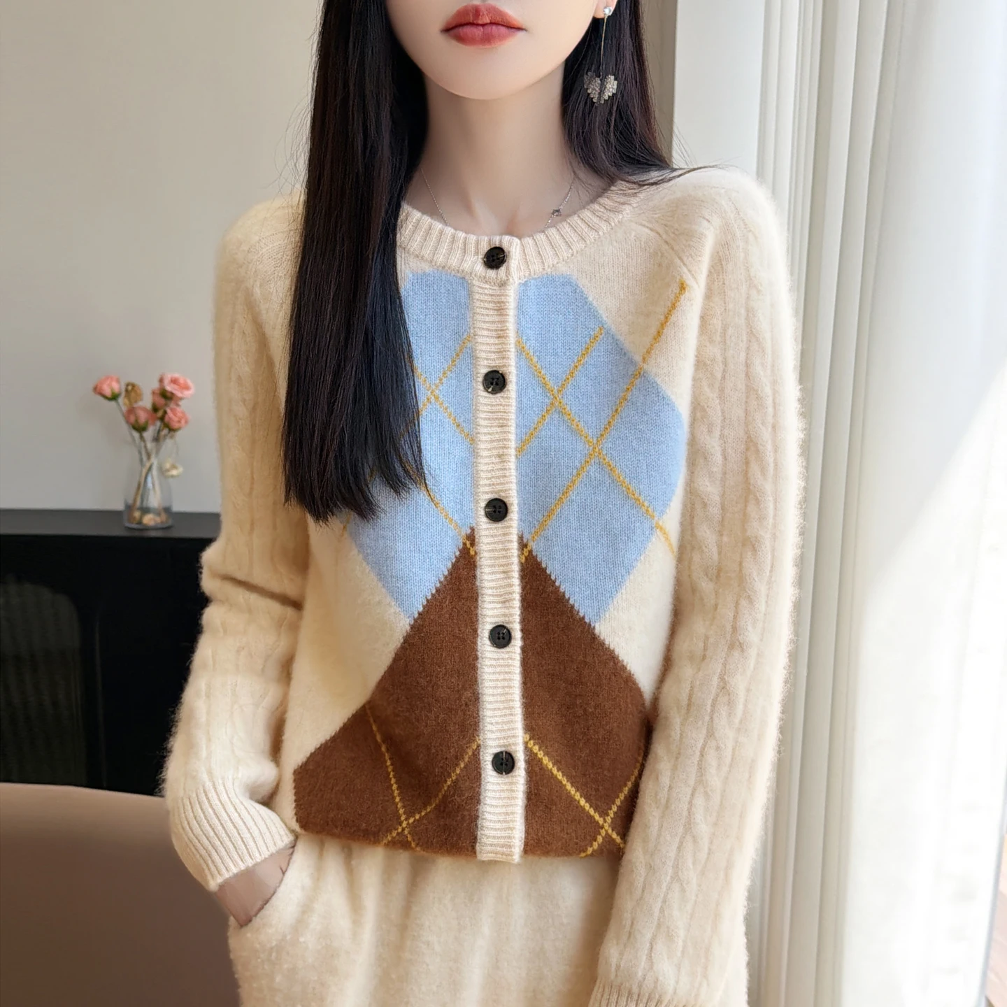 Women's round neck color matching sweater coat loose style autumn and winter fashion 100% merino wool cardigan