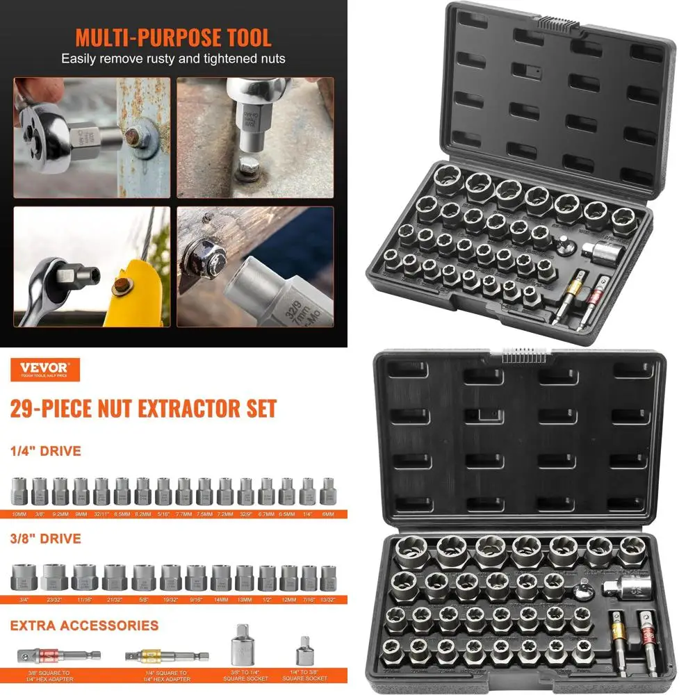 

VEVOR Bolt Extractor Set, 32-Piece Bolt and Nut Remover Set, 6mm to 10mm, 13/32" to 3/4", CR-MO Steel Extraction Socket Set with