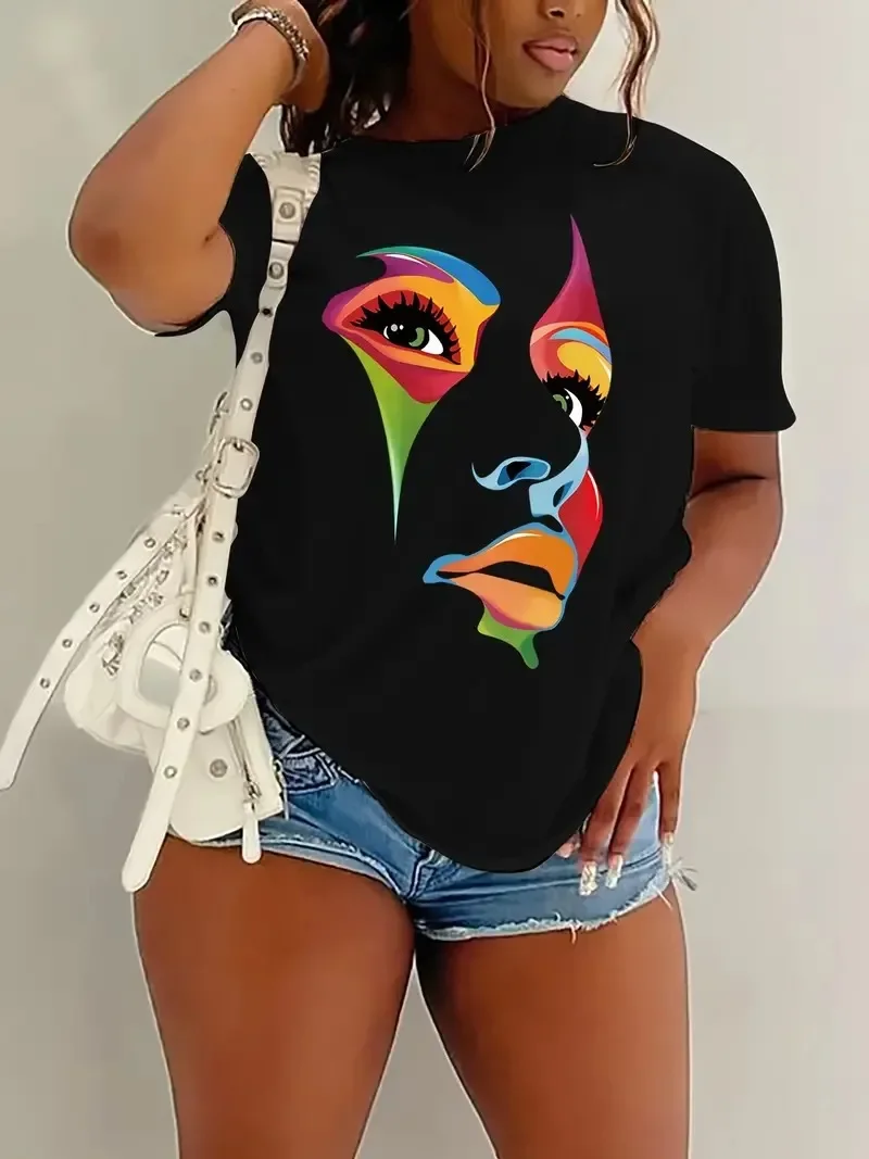 Women's Colorful Graphic Print T-Shirt - Drop Shoulder Short Sleeve Casual Top for Spring Summer Oversized Tees Mens Clothing