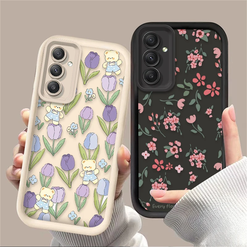 Cartoon Flower Bear Matte Phone Case for Samsung Galaxy A35 A55 A15 A25 A16 A06 A05 A05S A24 A13 A23 A12 A22 A32 A52 A71 A51 4G