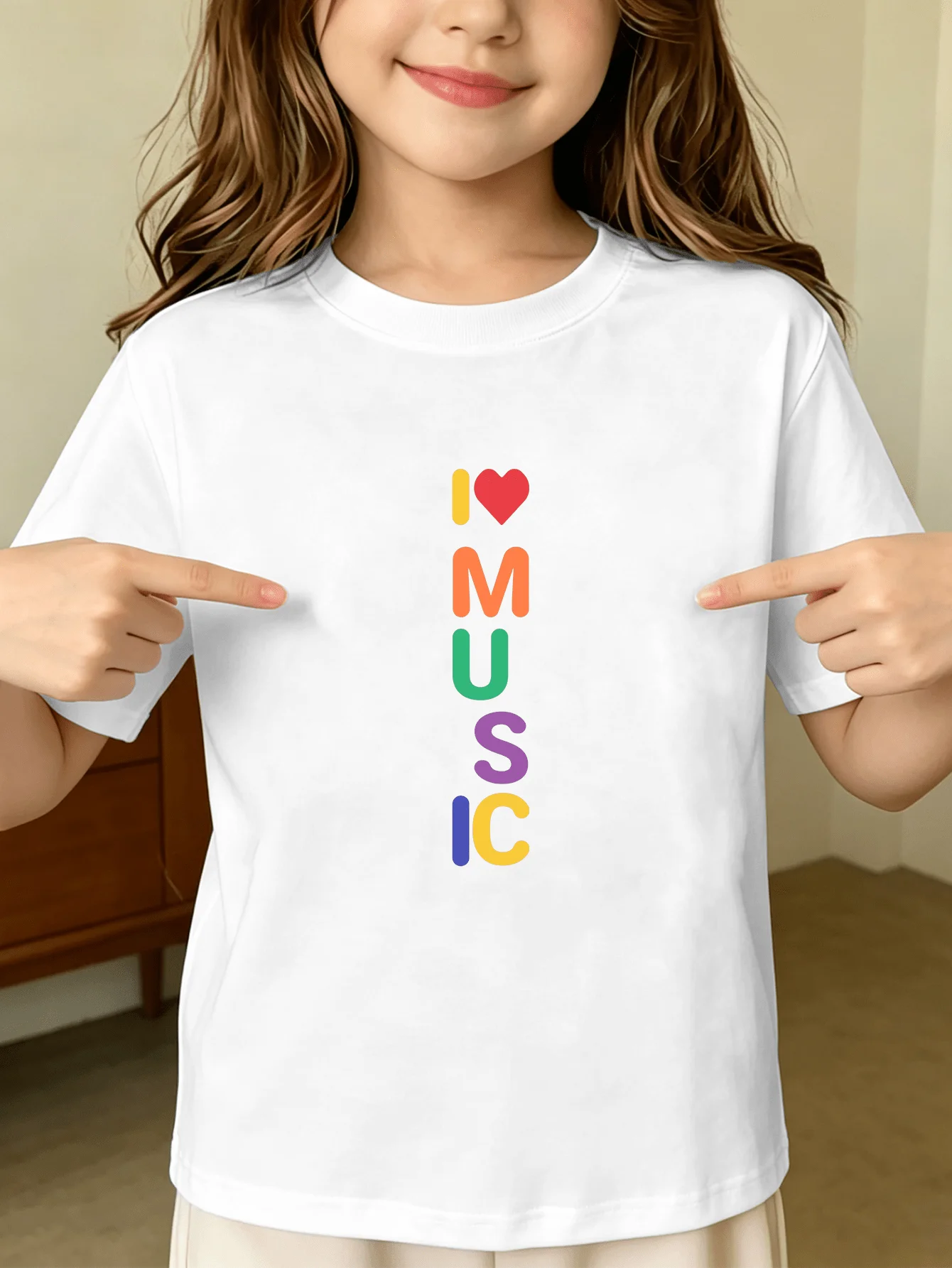 I Love Music Vertical Colorful Letter Heart Graphic Kids T Shirt Boys Girls Family Matching Summer Crew Neck Short Sleeve Tee