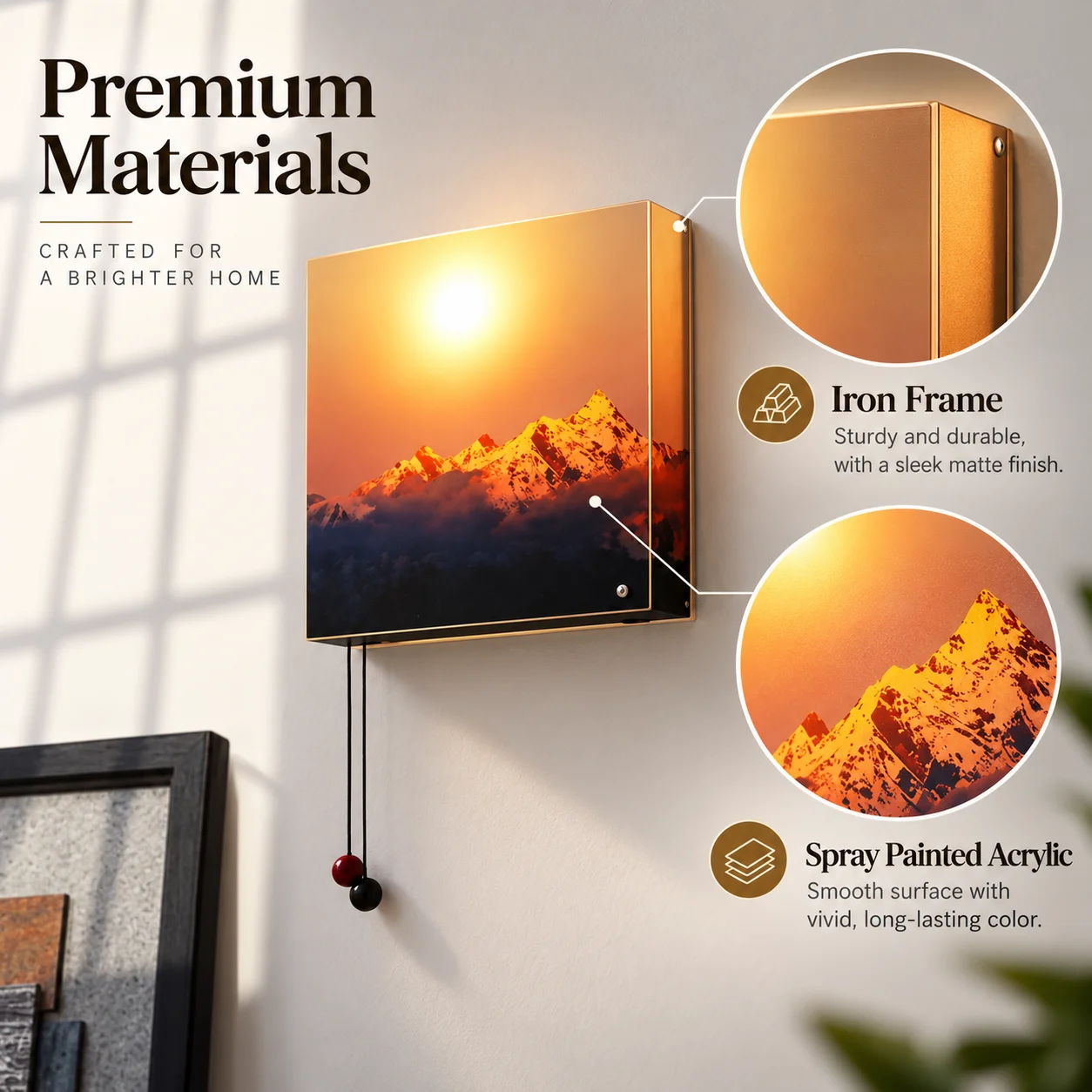 Art Mountain Sunset Wall Sconce, Creative Pull Chain LED Wall Lamp, Colorful Ball Shape Metal Wall Light