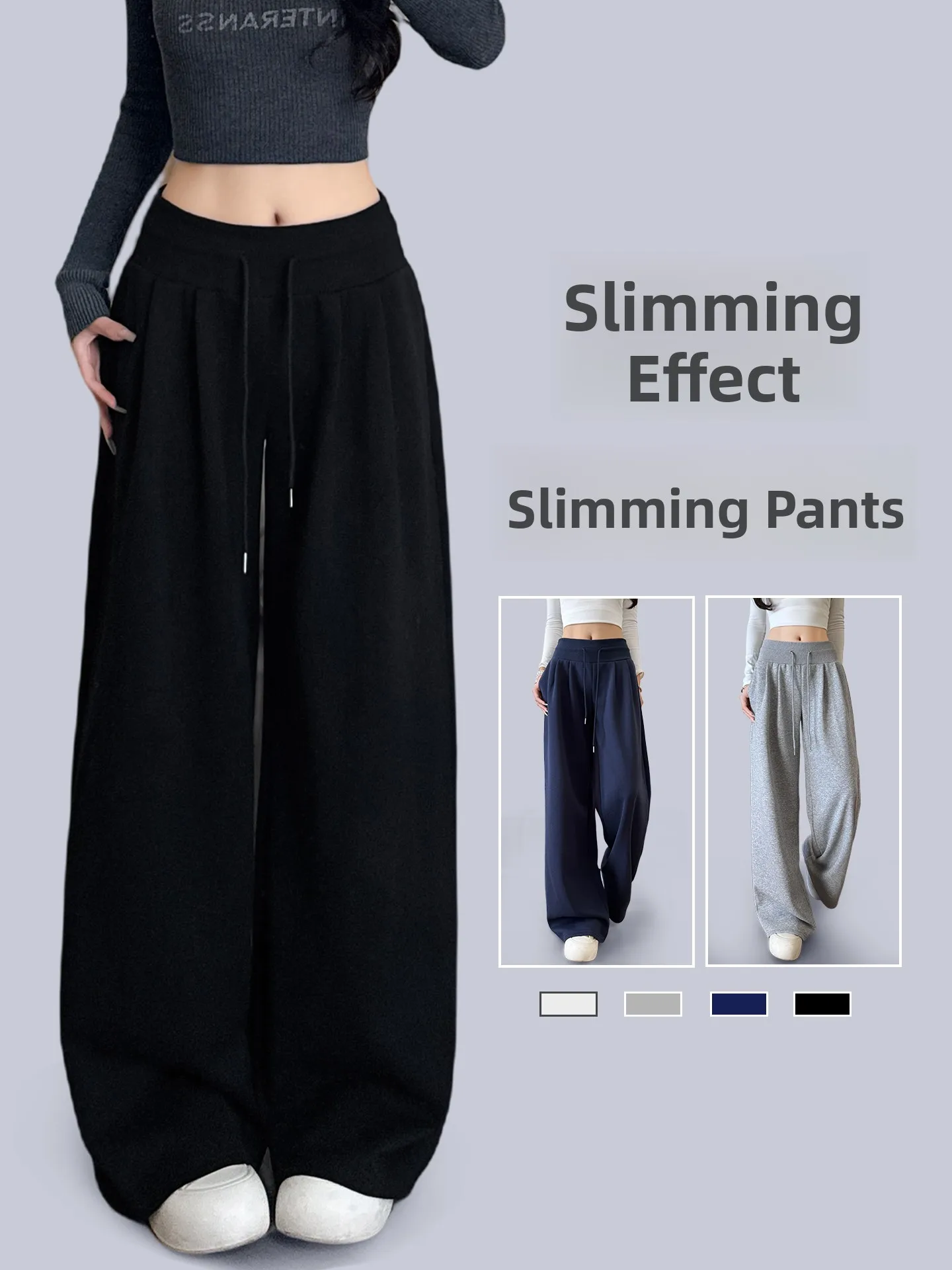 

Loose Low-Waist American Style Black Wide Leg Pants Women's Casual Sweatpants Spring Autumn Small Size Lazy Draping Sports Pants