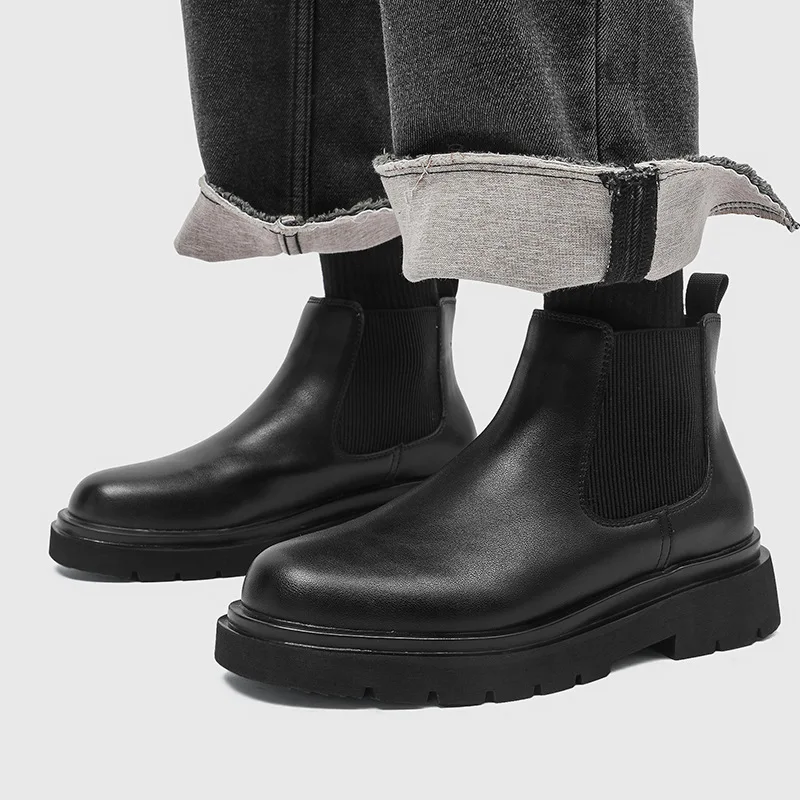 

men casual business office chelsea boots slip-on original leather shoes cowboy autumn winter boot black platform ankle botas man