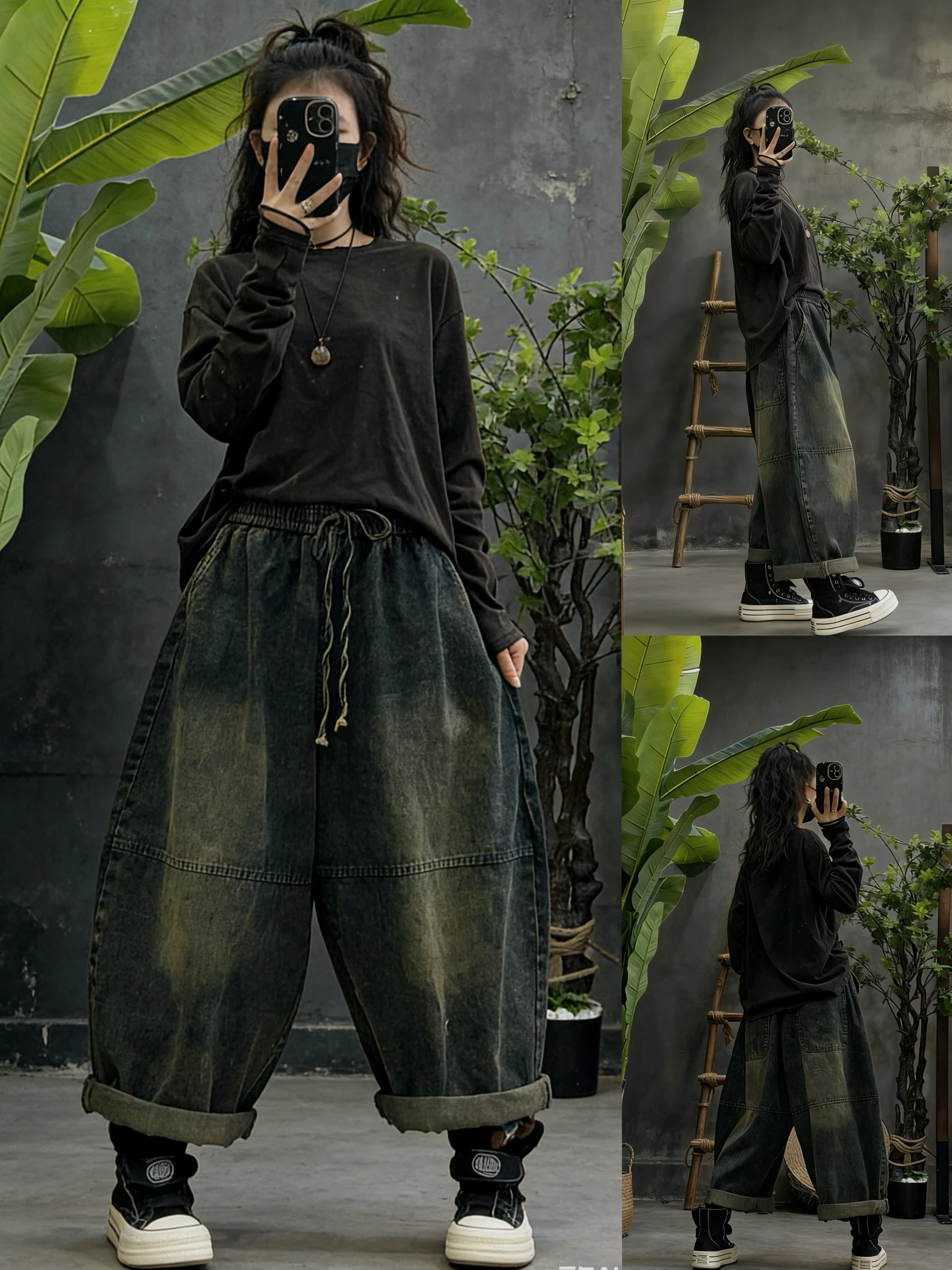 

Retro Distressed Denim Casual Pants Women's Loose Elastic Waist Drawstring Wide Leg Pants Spring New Style Comfortable Jeans