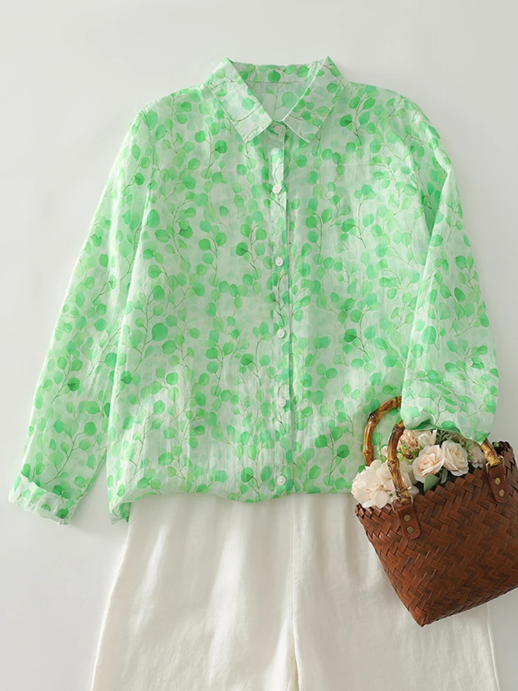 

Spring Autumn Printed Cotton Hemp Long Sleeve Shirt Women New Thin Breathable Artistic Blouse Large Loose Casual Shirt Top S106