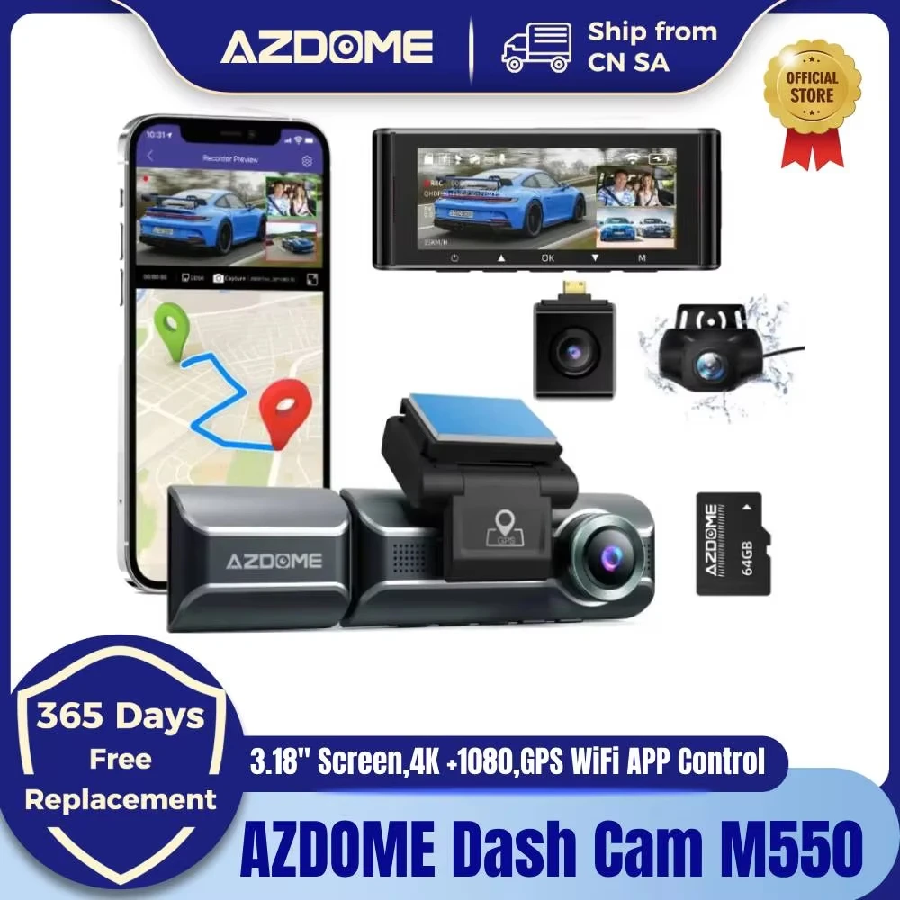 

Автомобильный видеорегистратор AZDOME M550, 3 камеры, 4K + 1080p, задняя камера, 1080p, передняя встроенная GPS, Wi-Fi, 3,18-дюймовая автомобильная видеорегистратор, ИК-камера ночного видения, управление через приложен