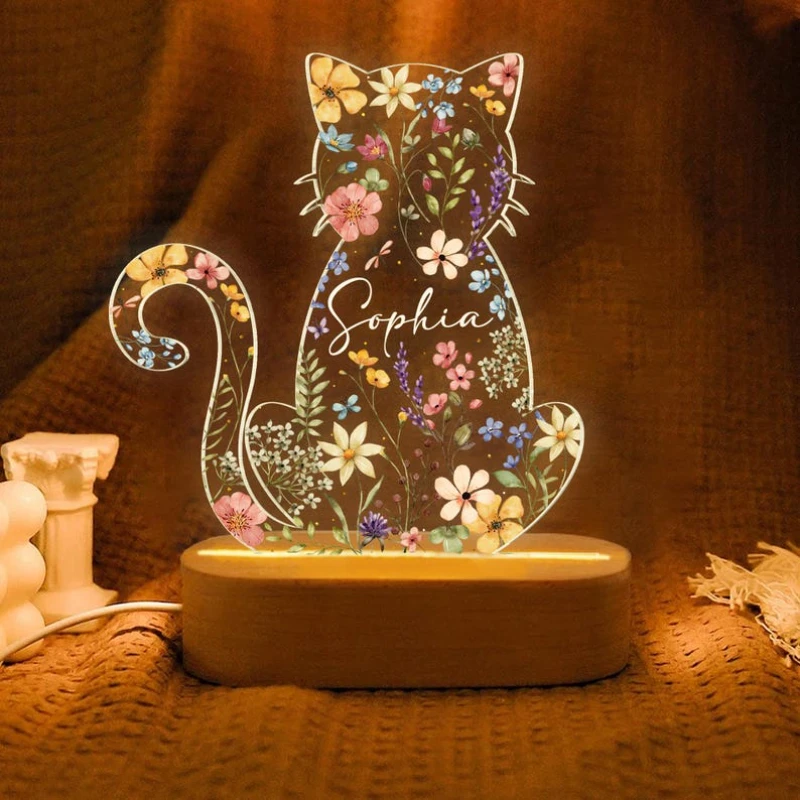 

Светильник с индивидуальным цветочным узором и изображением кошки, гравировка имени питомца, светодиодная лампа, сюрприз на День святого Валентина для любителей кошек, декор для спальни, подарок