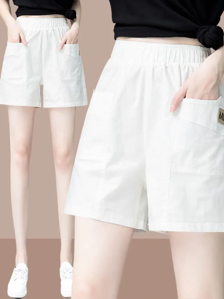 Casual Cotton Linen Short Pants Women Summer Thin Loose A-Line Wide Leg Five-Part Workwear High Waist Pocket Versatile Slimming