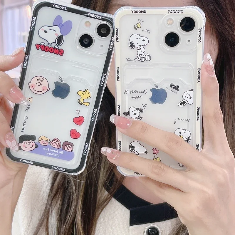 Cute Cartoon Snoopy Charlie Brown Transparent Phone Case For iPhone 16 15 14 13 12 11 Pro Max Soft Tpu Wallet Cover Card Holder