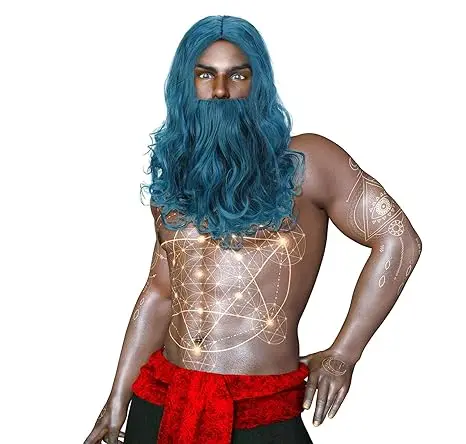 QQXCAIW Ocean King Wig and Beard Set Blue Cosplay Halloween Costume Wig Kit Halloween Funny Father Accessory for Halloween
