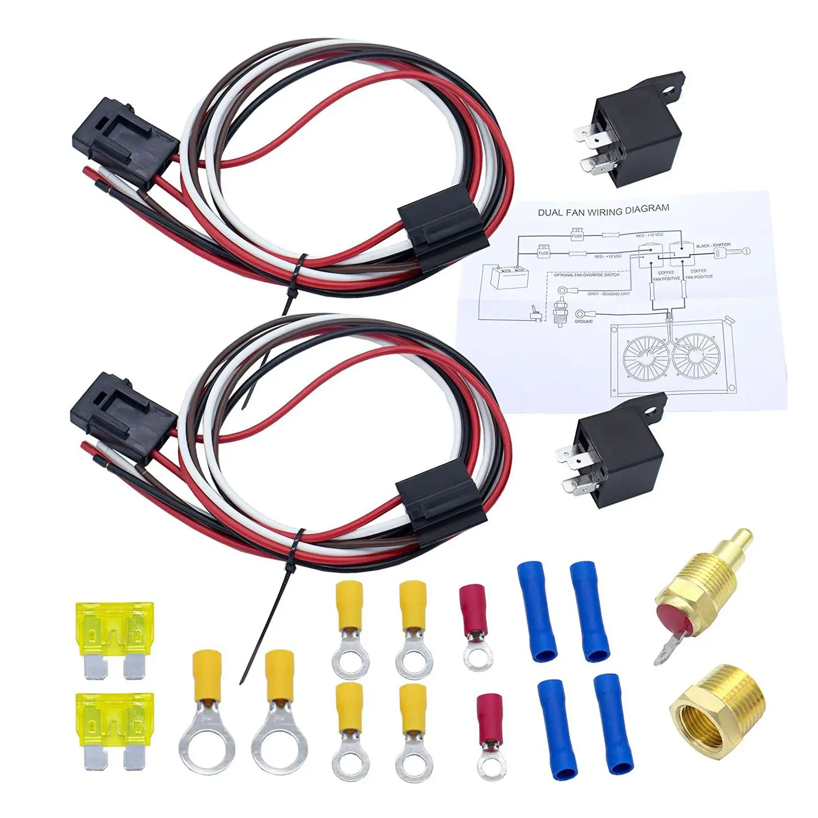 Dual Electric Cooling Fan Wire Harness Kit 40A Relay Waterproof Thermostat Switch for 12V Car Engine Radiator Cooling System