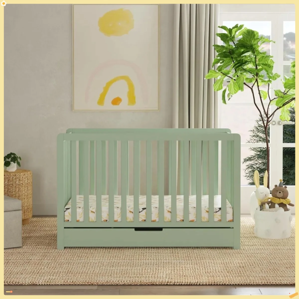 Berço conversível escandinavo 4 em 1 |   Light Sage, gaveta helicoidal, armazenamento embaixo da cama,