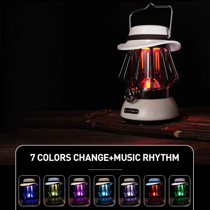 LED Camping Lights Vintage Portable Outdoor Tent Lanterns With Bluetooth Music Player 5200mAh Rechargeable Retro Atmosphere Lamp