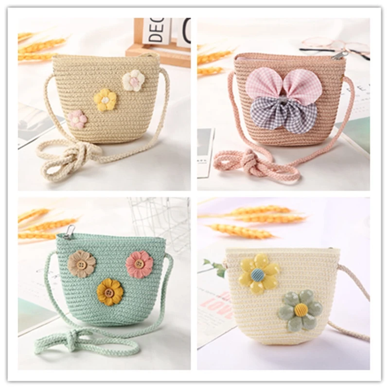 Handmade summer children girls Bucket Bag Mini Straw Braided bag Girl children key coin purse cute Princess mini One shoulder