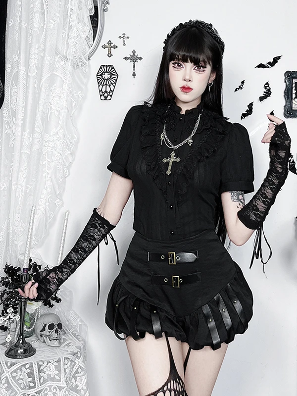 NONSAR Gothic Lolita Black Suit Women Spicy Girls Short Puff Sleeve Lace Trim Slim Black Shirt Goth Mini Cake Pumpkin Skirt