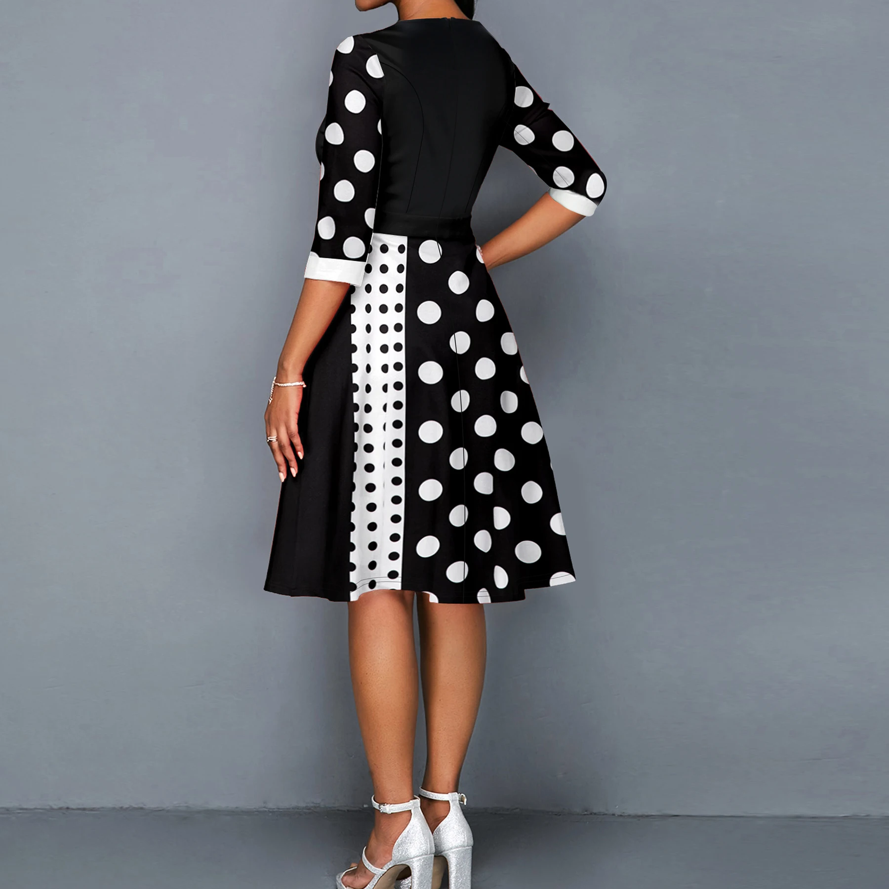 Polka Dots Print Button Decorate Dress, Elegant 3/4 Sleeve Dress Spring & Fall, Women\'s Clothing