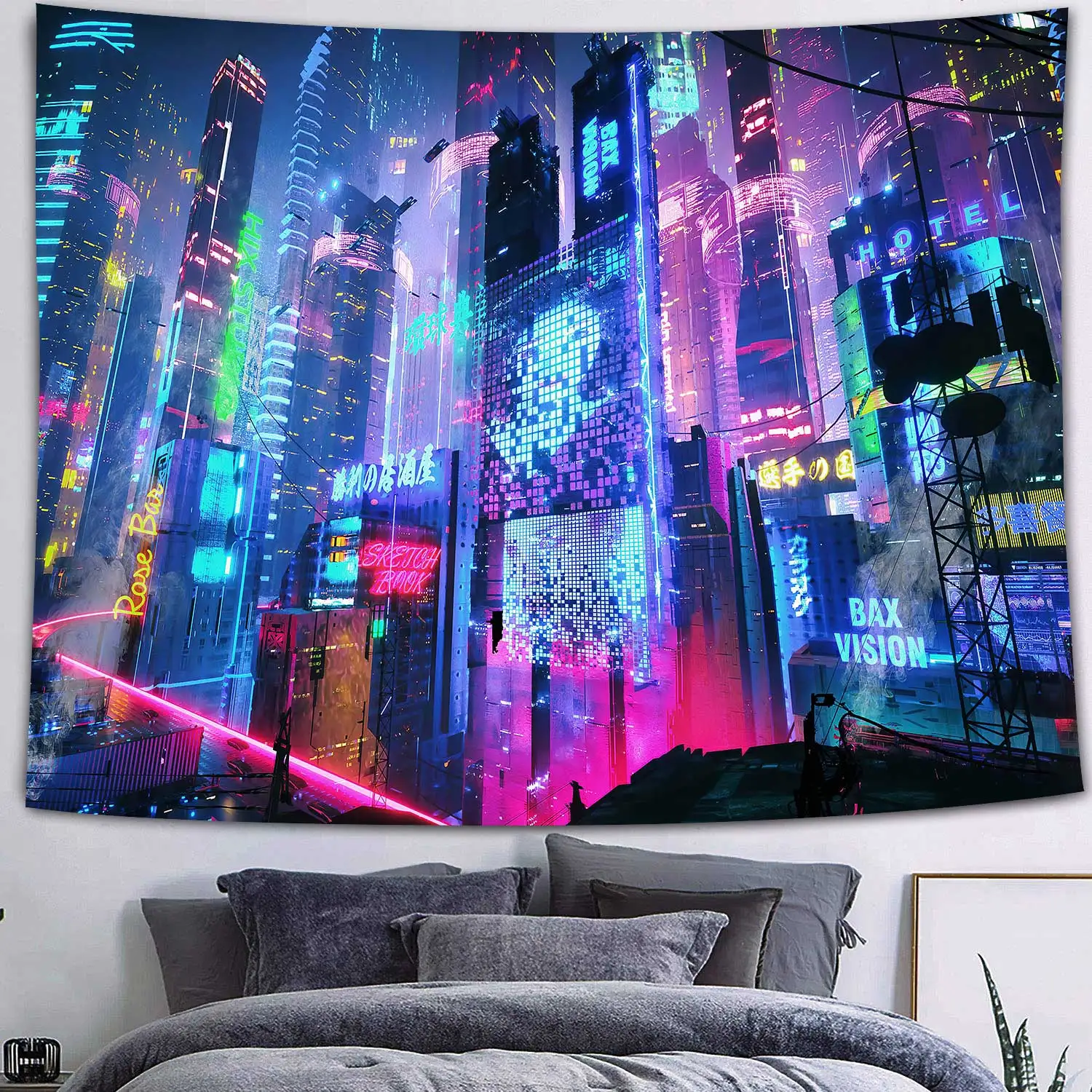 

Neon Tapestry Cyberpunk Future City 3D World Home Decor Boho Hippie Wall Hanging