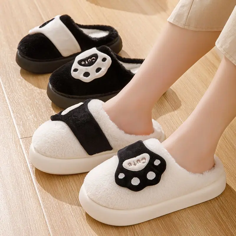 

Black White covered Animal Paw Slippers Home Fluffy Indoor Shoes Couples bedroom slides lightweight eva and plush slippers
