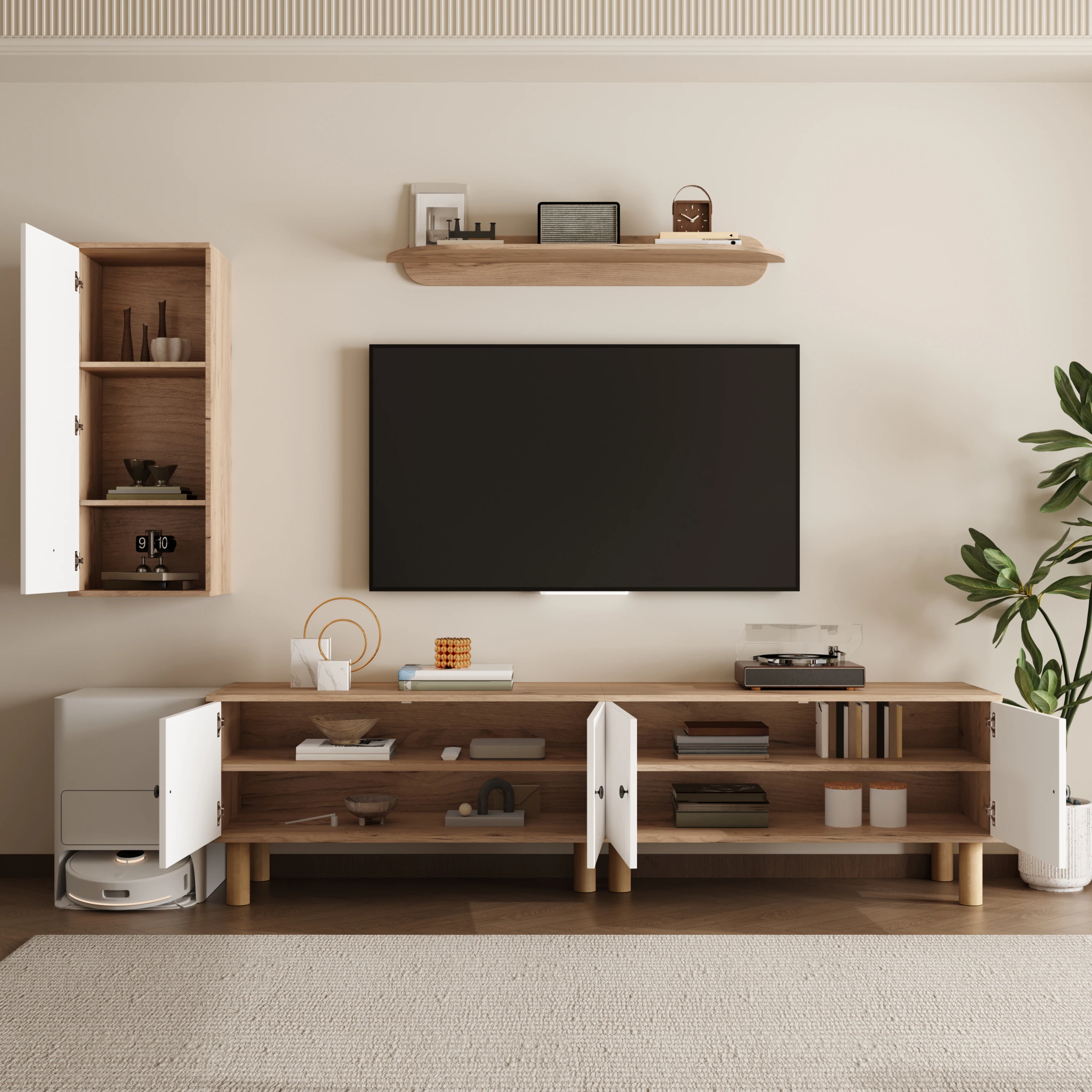 Ensemble mural 3 pièces pour salon, panneaux de porte sculptés en bois blanc, armoire haute, armoires, étagère murale, meuble TV 80 kg, vitrine 30 kg, étagère 15 kg, pieds en bois massif