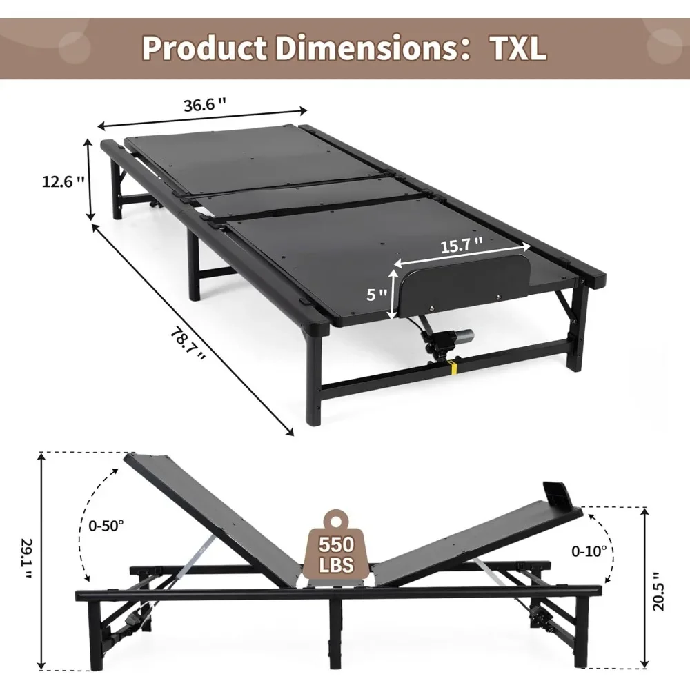 Bed Frame Twin XL Electric Bed Base with Head and Foot Incline Low-Noise Motor and Remote Control