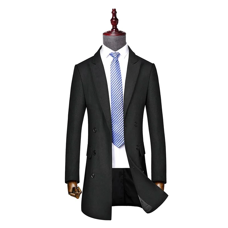 Men's Thickened Mid-Length Woolen Coat Three Button Double Row Slim Fit Windbreaker Business Large Size Tweed Jacket
