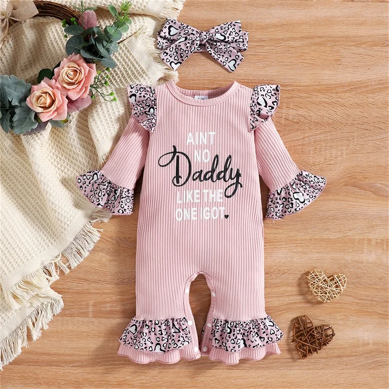 

2Pcs Baby Girls Outfit Letter Leopard Print O-Neck Flare Sleeves Jumpsuit Headband for Toddlers 0-18 Months Children's Clothing