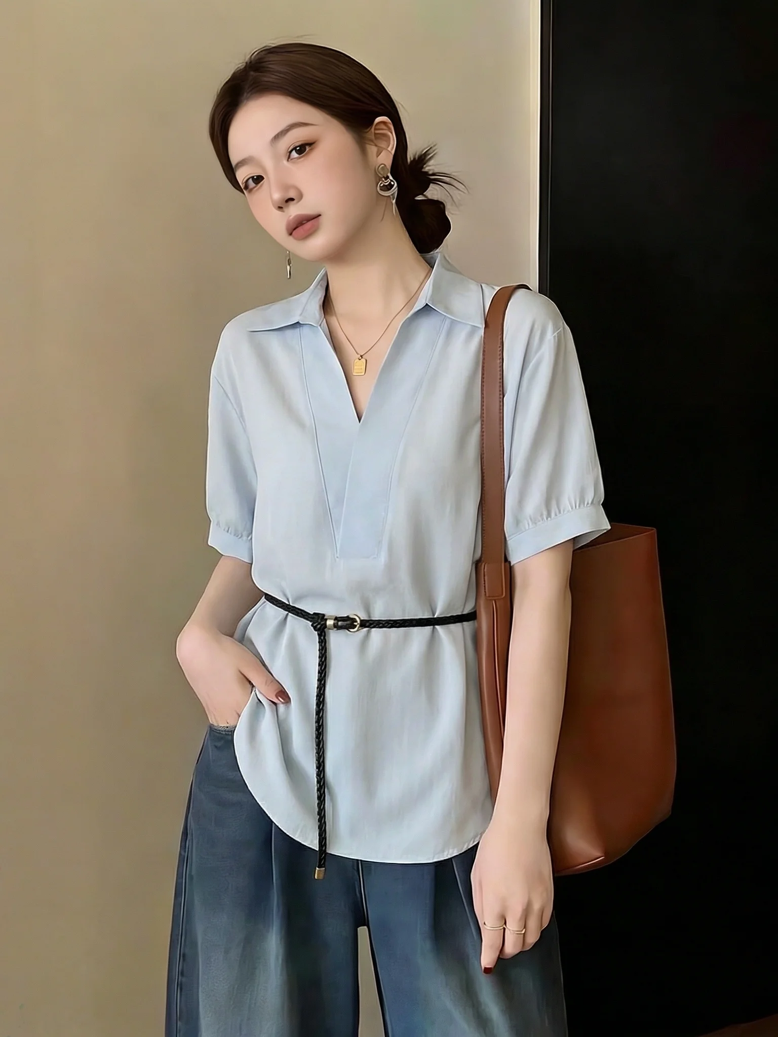 

Elegant Light Blue V-Neck Short Sleeve Shirt Women's plus Size Belted Waist in Korean Style Commute Fashion Summer New Arrival