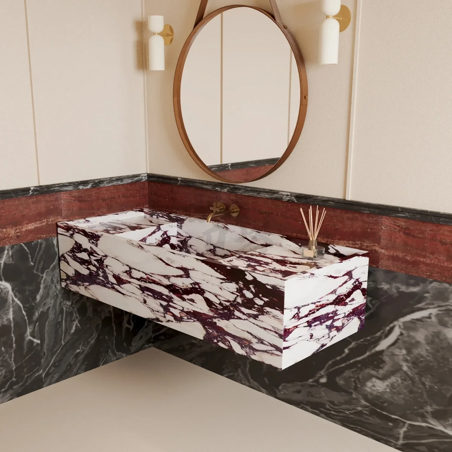 The integrated marble wash basin looks luxury, solid stone material feels heavy and well-made for my bathroom