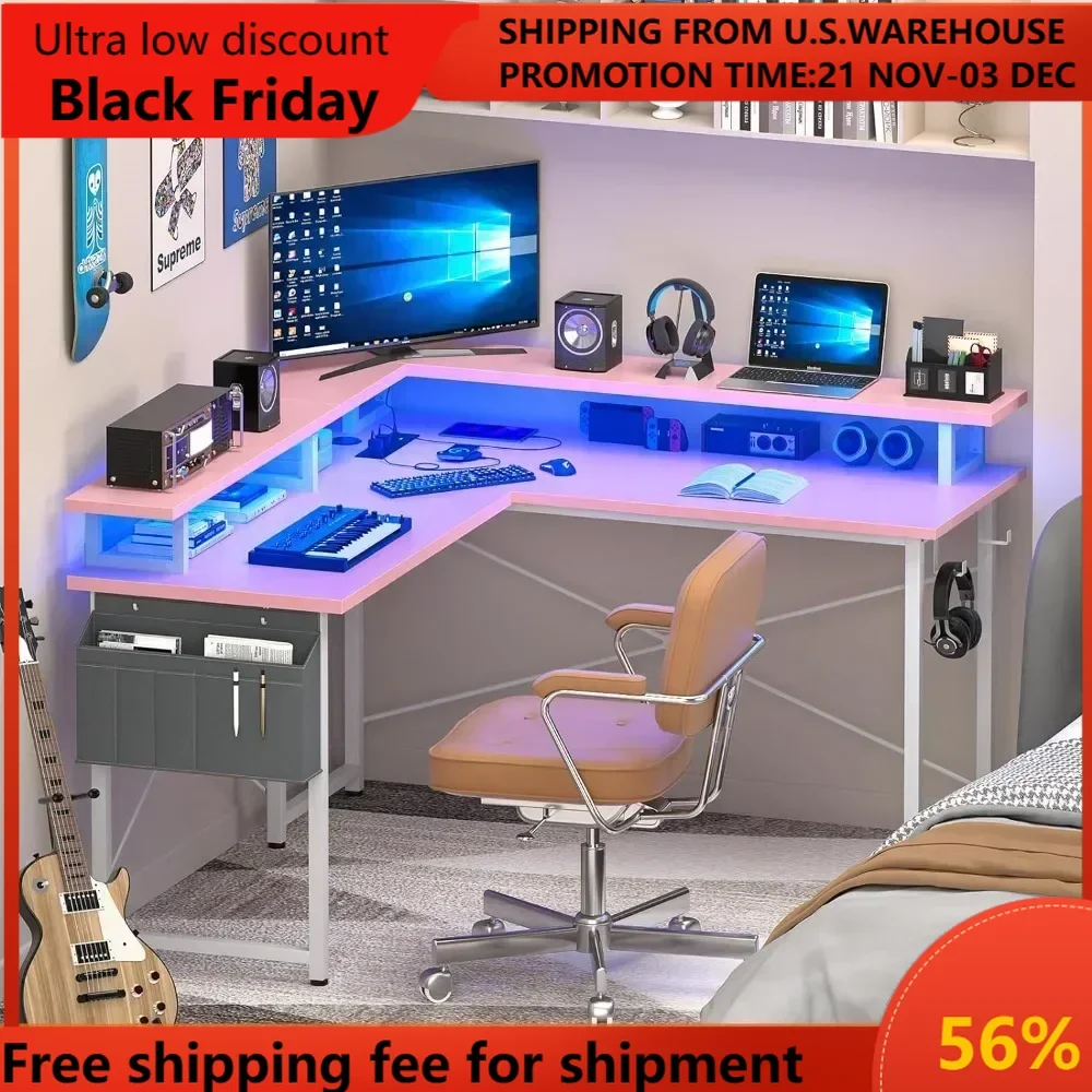 

Gaming Desk L Shaped With LED Lights Corner Desk With Storage Shelves Home Office Small Spaces Free Shipping Computer Furniture