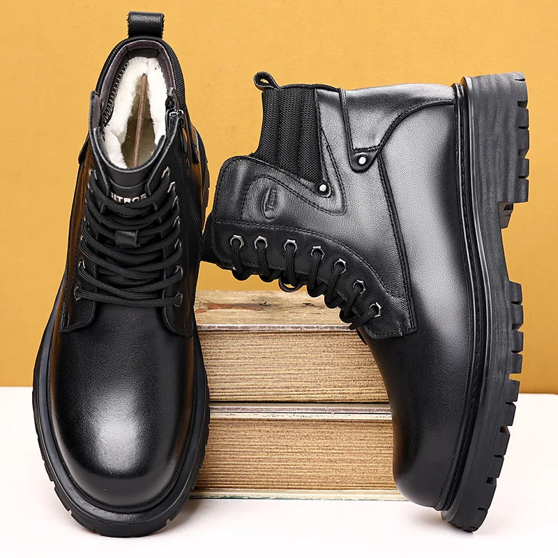 Novo inverno botas masculinas de couro genuíno lã de uma peça botas de couro masculino de sola grossa botas de neve quentes ao ar livre sapatos casuais masculinos