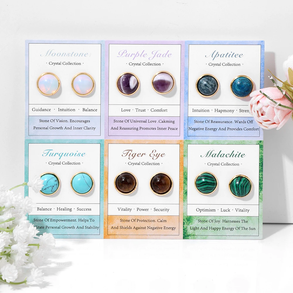 6 Pairs Crystal Earrings For Women 10mm Round Circle Ear Studs Earrings Set Tiger Eye Malachite Amethysts Eardrop Girl Jewelry