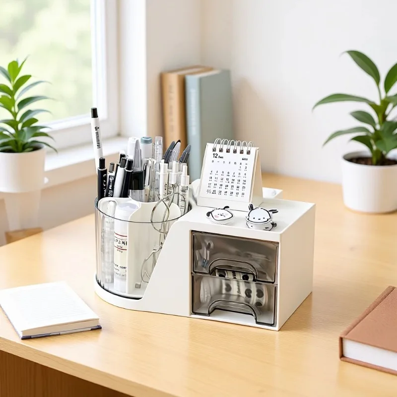 Rotating Pen Holder Storage Box Drawer Type Student Desktop Stationery Organizer Office Desk Supplies Rack Pen Display Stand