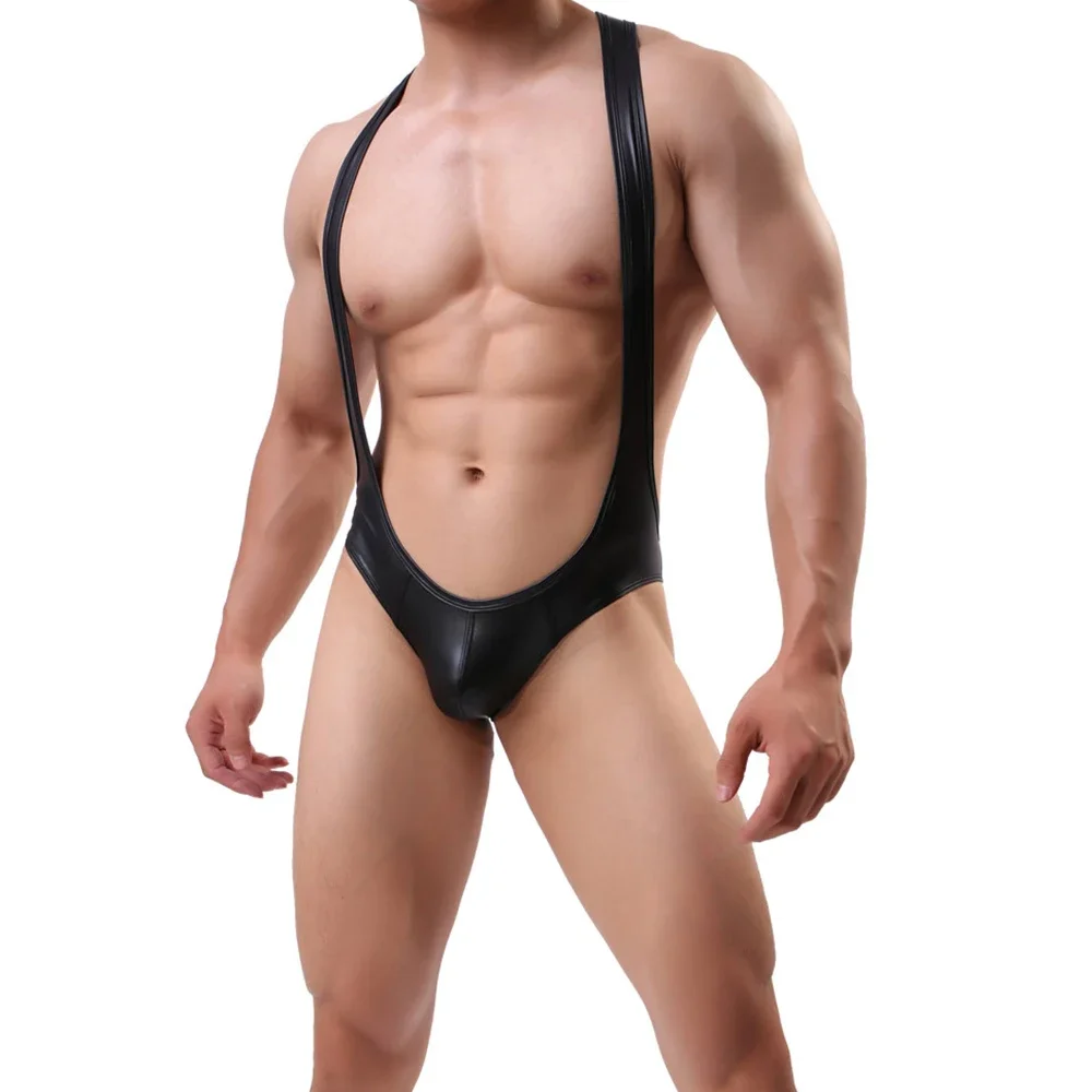 Sexy Sissy Men Bodysuit Faux Leather Leotard Undershirt Penis Pouch Wrestling Singlet Jumpsuit Underwear Men Leather Sex Catsuit