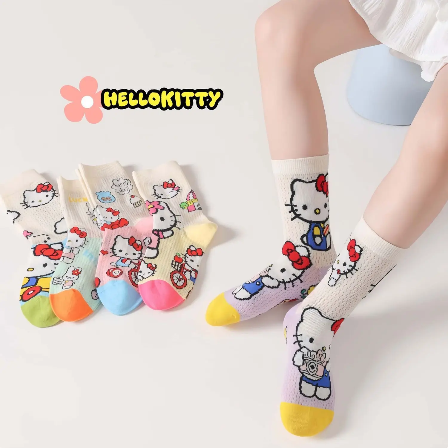 Cute Hello Kitty Socks New Summer Style. Hello Kitty Cartoon Cute Mid-Calf Socks. Thin and Breathable Mesh Student Socks.
