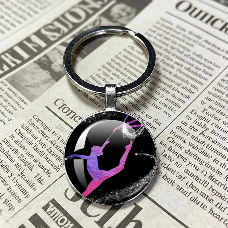Black Background Gradient Purple Pink Rhythmic Gymnastics Girl Keychain Glass Cabochon Key Ring Gymnast Dance Lover Charm Gift