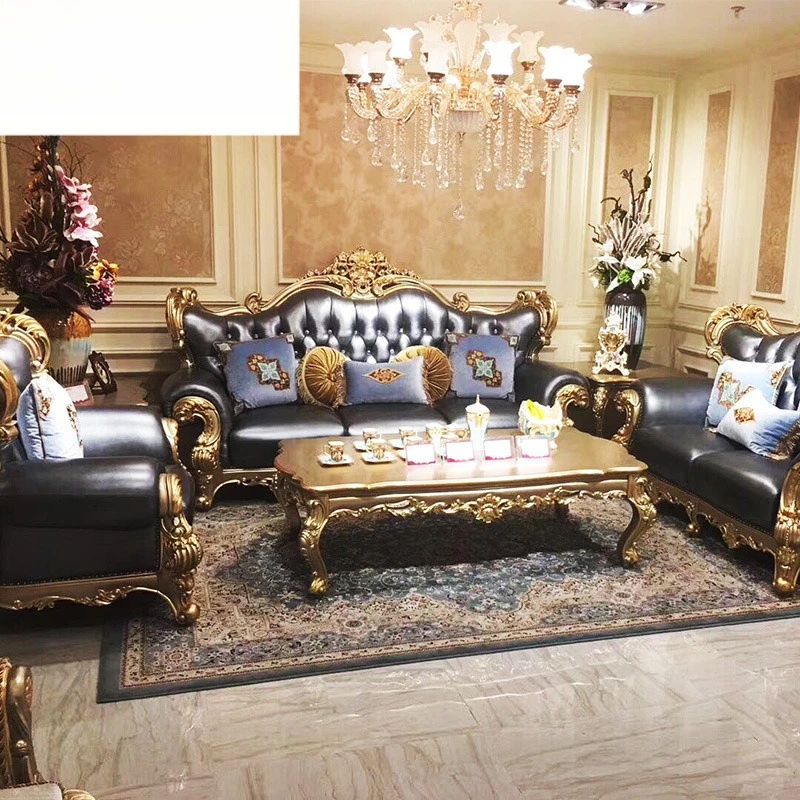 European sofa combination, French luxury leather solid wood carving sofa