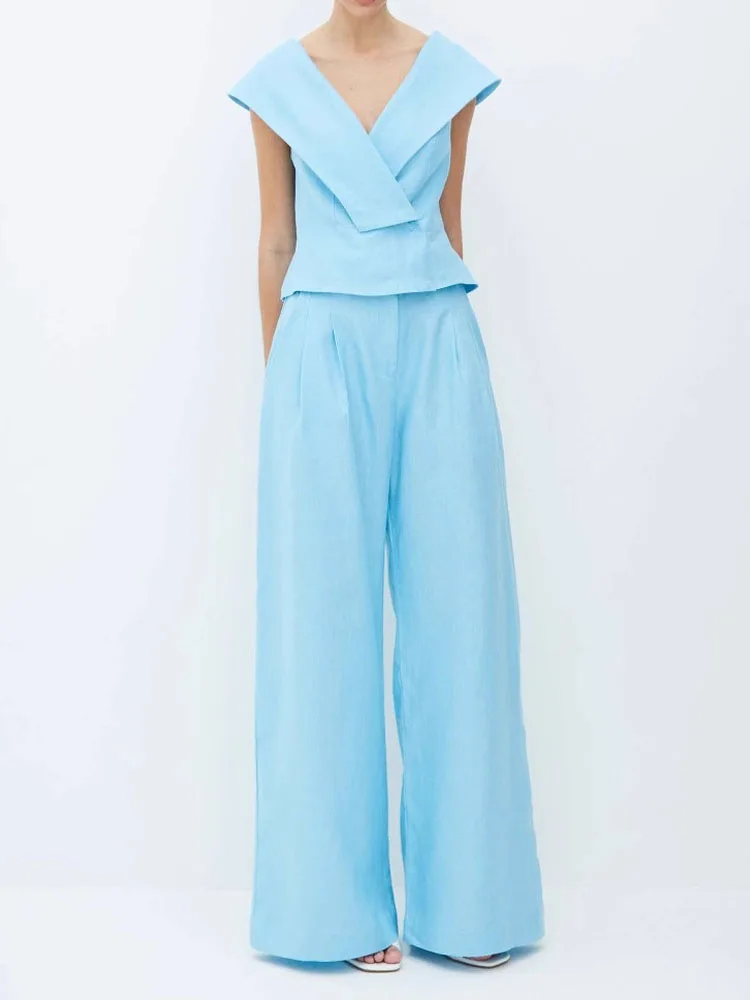 

Solid color sleeveless pocket pants set for office commuting straight leg women's two-piece set for high-end occasions