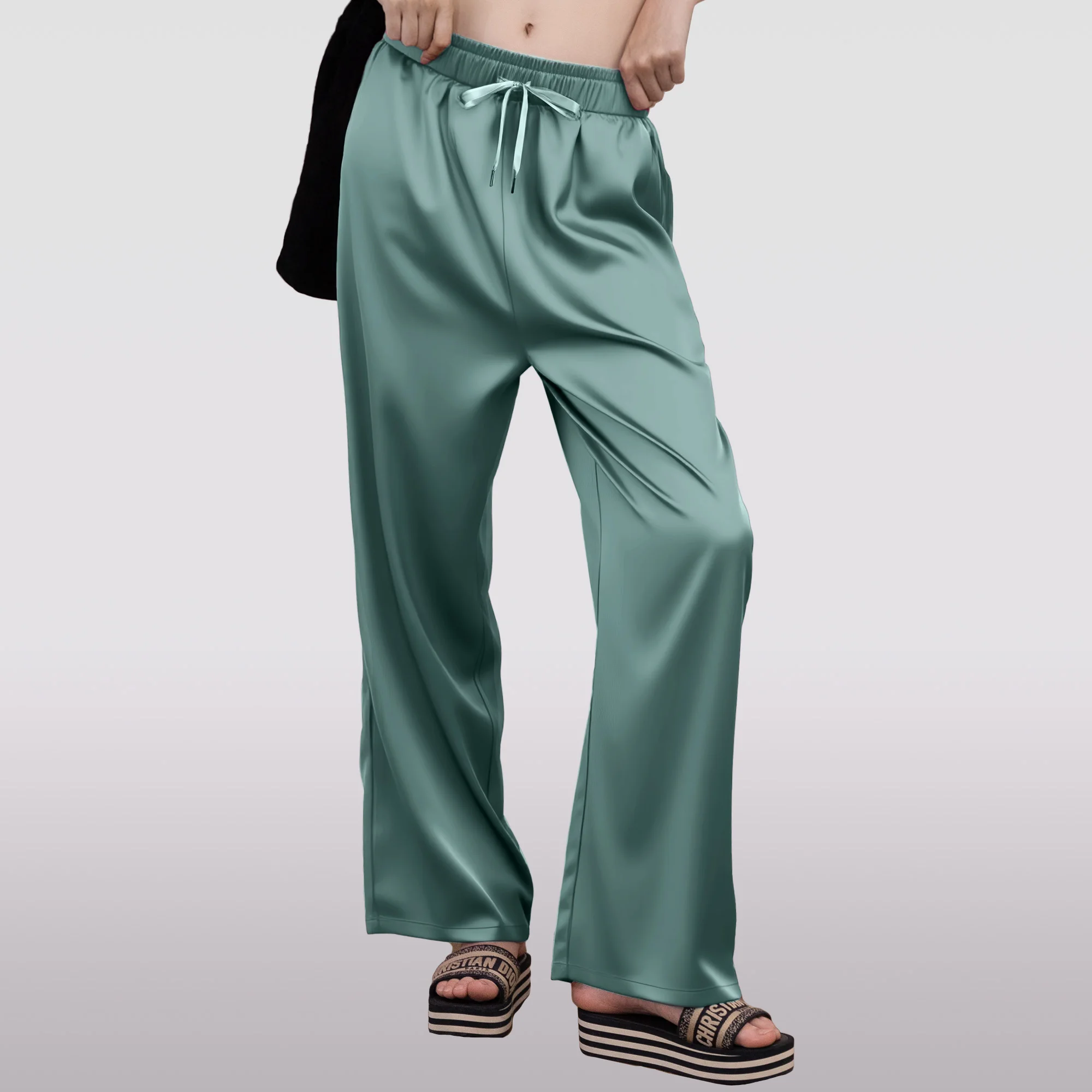 

Women's Silky Wide-leg Pants Summer Straight Lightweight Drape Satin Straight Trousers with Pockets 2025 Daily Casual Outfits