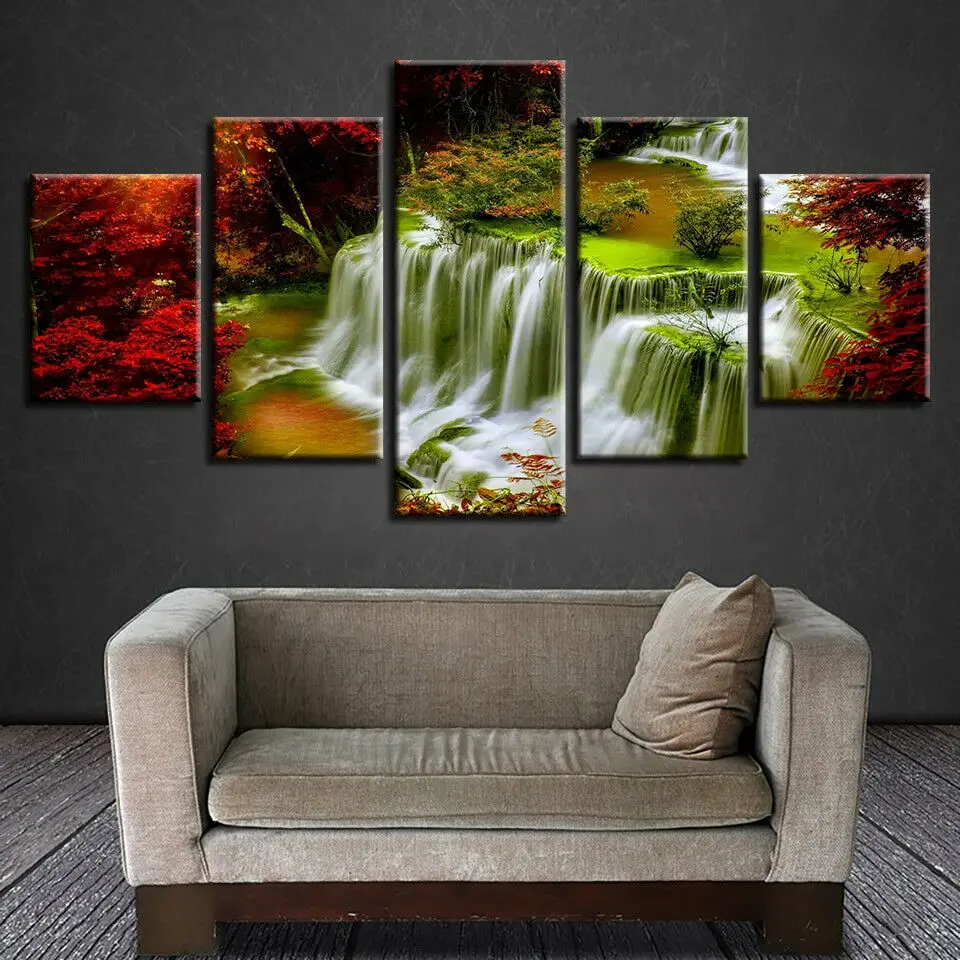 

5 Piece Fantasy Autumn Forest Waterfall Modern Wall Mural Canvas Print Posters for Living Room Home Decor Paintings Decorations