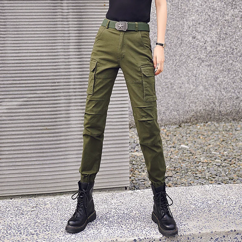 Nuove donne pantaloni Cargo in cotone a vita alta elastici dritti fan dell'esercito escursionismo pantaloni Casual legati alla caviglia pantaloni tattici militari