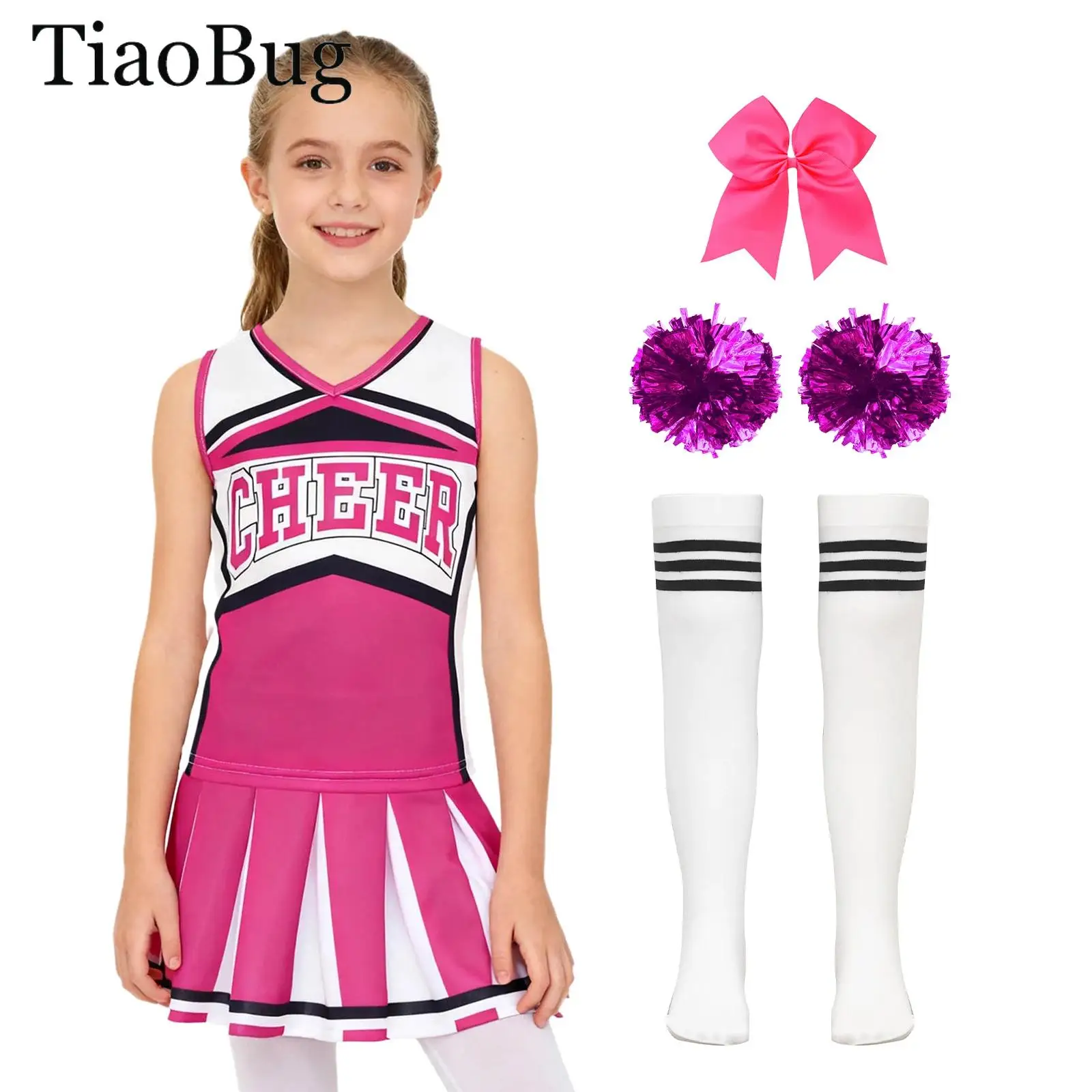 

Girls Cheerleader Costume Outfit Cheerleading Uniform Letter Print Sleeveless Top with Skirt Headwear Socks Performances Suits