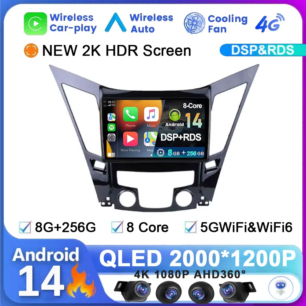 

2K 2000*1200 Android 14 All in one For Hyundai Sonata 6 YF 2009 - 2014 DSP 8+256G Auto Car Radio Multimedia Player GPS Navi DVR