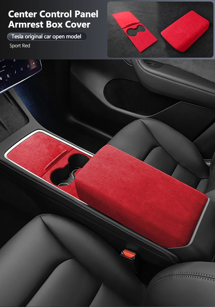 

For Tesla Model 3, Model Y 2018 2020 2021 2022 2023 Alcantara Central Cups Mat Armrest Cover Kit Sheath Shell Black,Red Colour