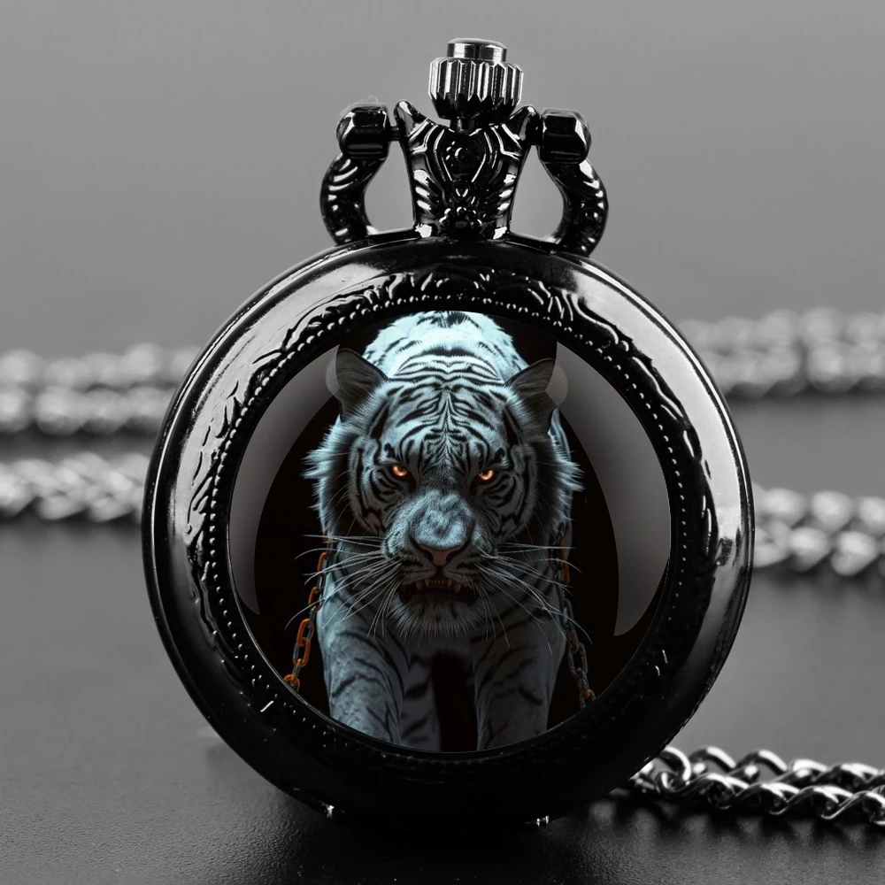 

White Tiger Design Glass Dome Fashion Arabic Numerals Quartz Pocket Watch Necklace Pendant Chain Mens Women Gifts