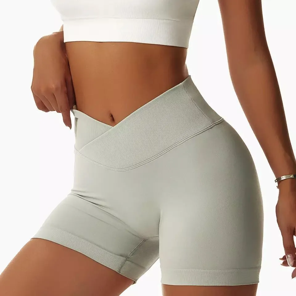 V Cross Waist Yoga Shorts for Women Seamless Gym Shorts Scrunch Butt Workout Shorts Women 3.5\