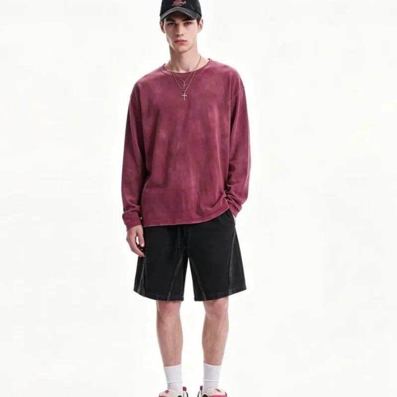 Brand Design Men Vintage Distressed Raw Edge Long Sleeve Tops Solid Cotton Crew Neck Oversized Basic Tops Couple Streetwear Tees