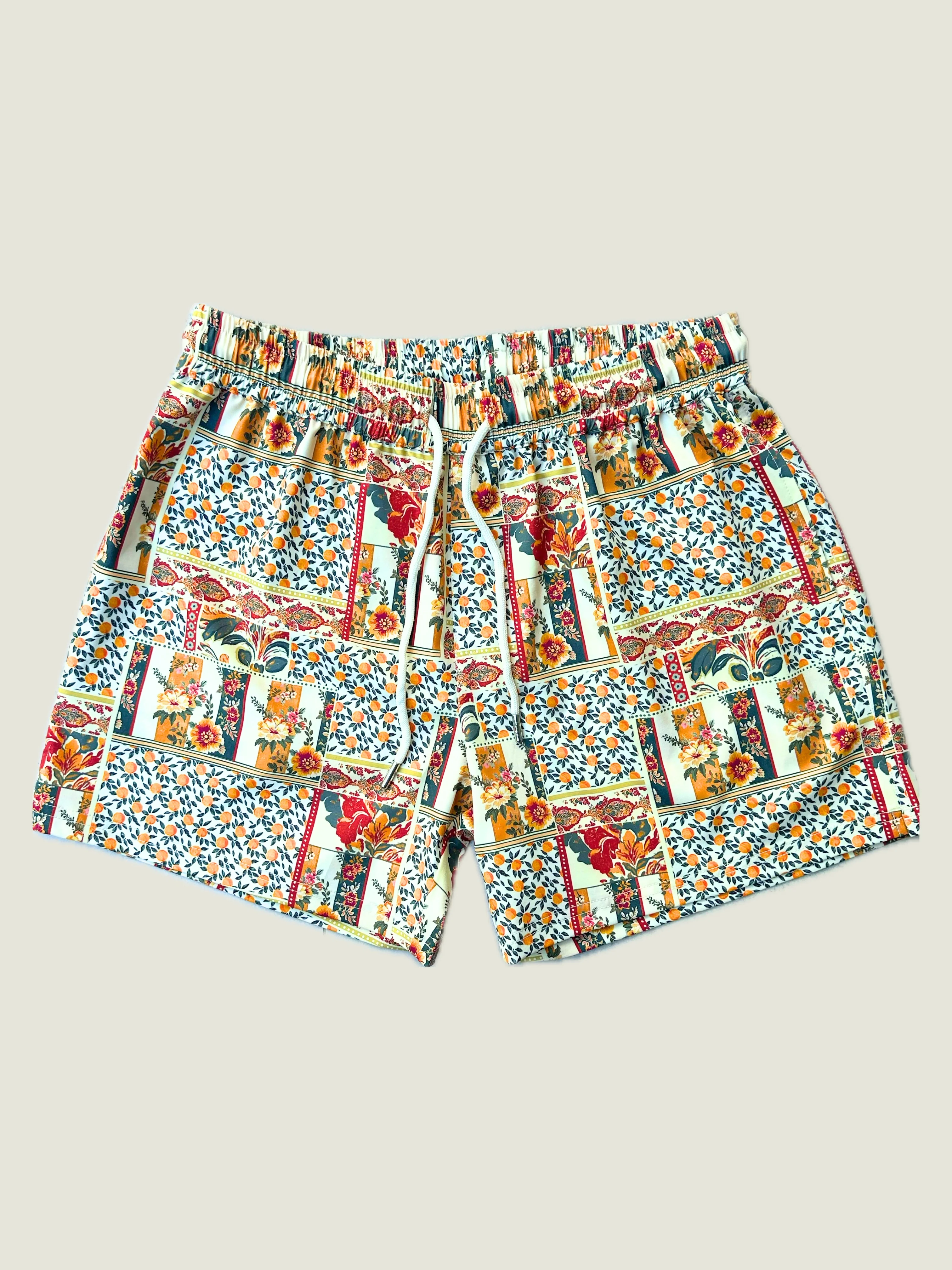 High-end Men Comfort Casual Shorts Breathable Y2K Classic Retro Spliced Flower Pattern Elastic Waist Summer Vacation Swim Shorts