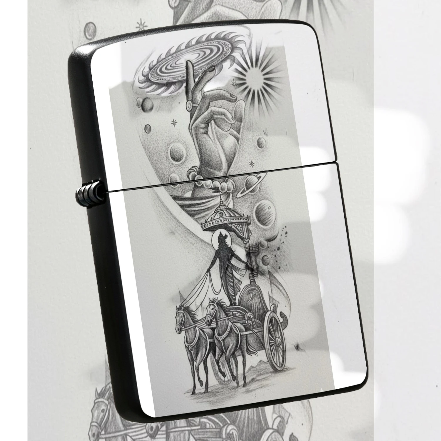 Creative Hindu Mythology Themed Lighter Featuring Divine Hand Holding Sudarshana Chakra Cosmic Star Orbit Elements, Dual Horse Chariot Zen Art Design, Portable Daily Carry Practical Item, Unique Cultural Style Gift Suitable For Various Scen